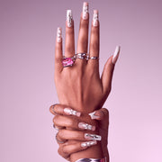 Gold Finger Glitzy 3D Handmade Press-On Nails – White Flower & Gem French (X-Long Square)