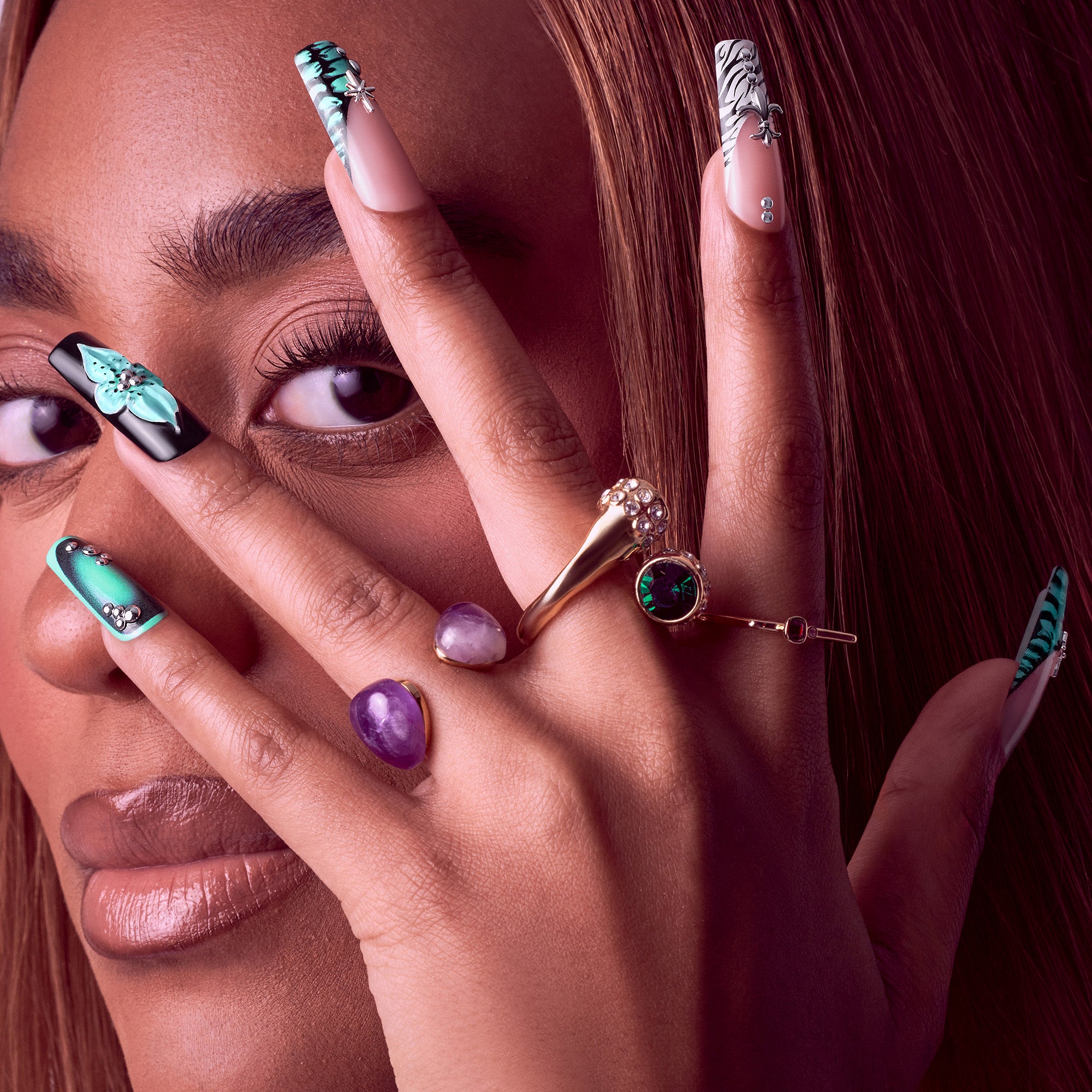 Glitzy 3D Handmade Press-On Nails - Teal Flower & Zebra French X-Long Square