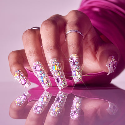 Glitzy 3D Handmade Press-On Nails – Pink & Purple Jewel Encrusted (X-Long Square)