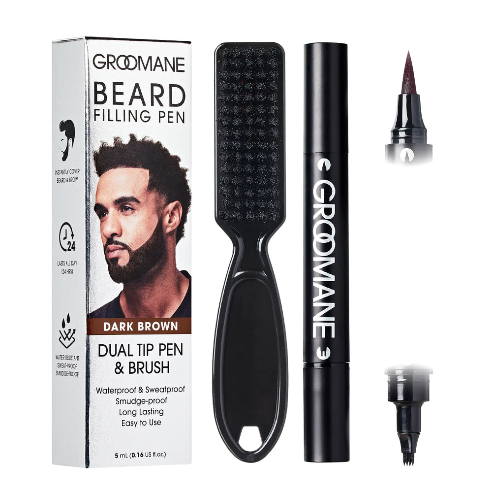 Groomane Beard Filler Pen for Men -  Dual Tip with Blending Brush__Dark Brown