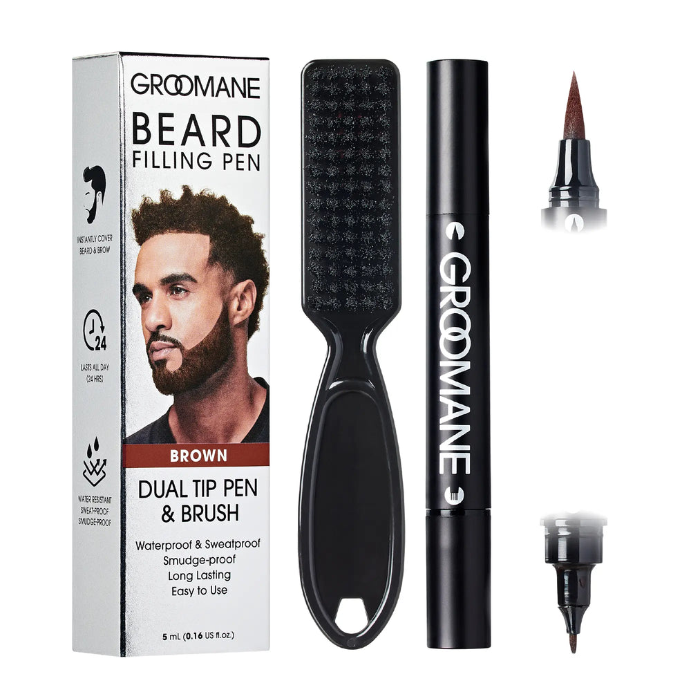 Groomane Beard Filler Pen for Men -  Dual Tip with Blending Brush__Brown