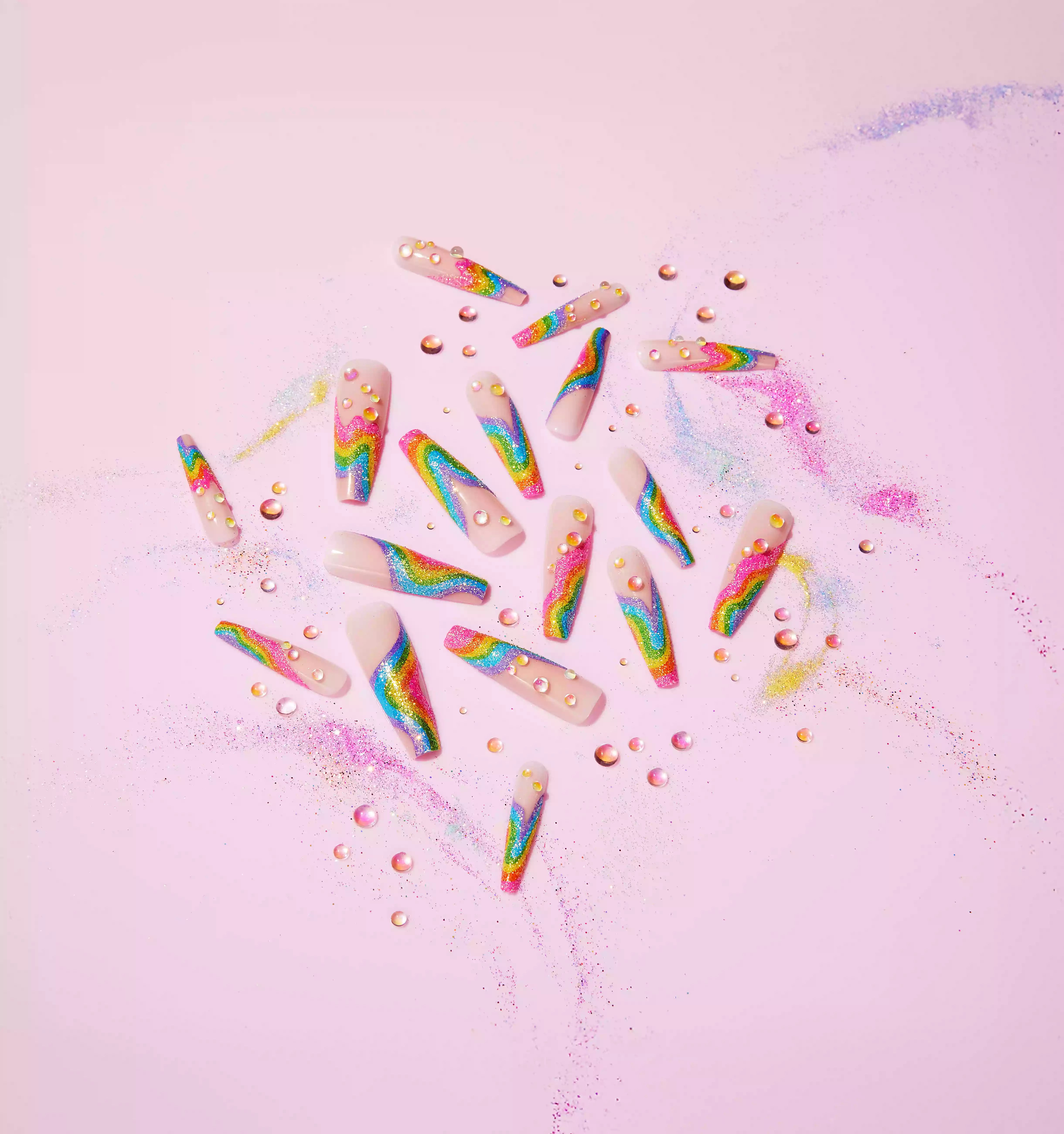 Glitzy 3D Handmade Press-On Nails – Rainbow Sugar Glitter French (3X-Long Coffin)