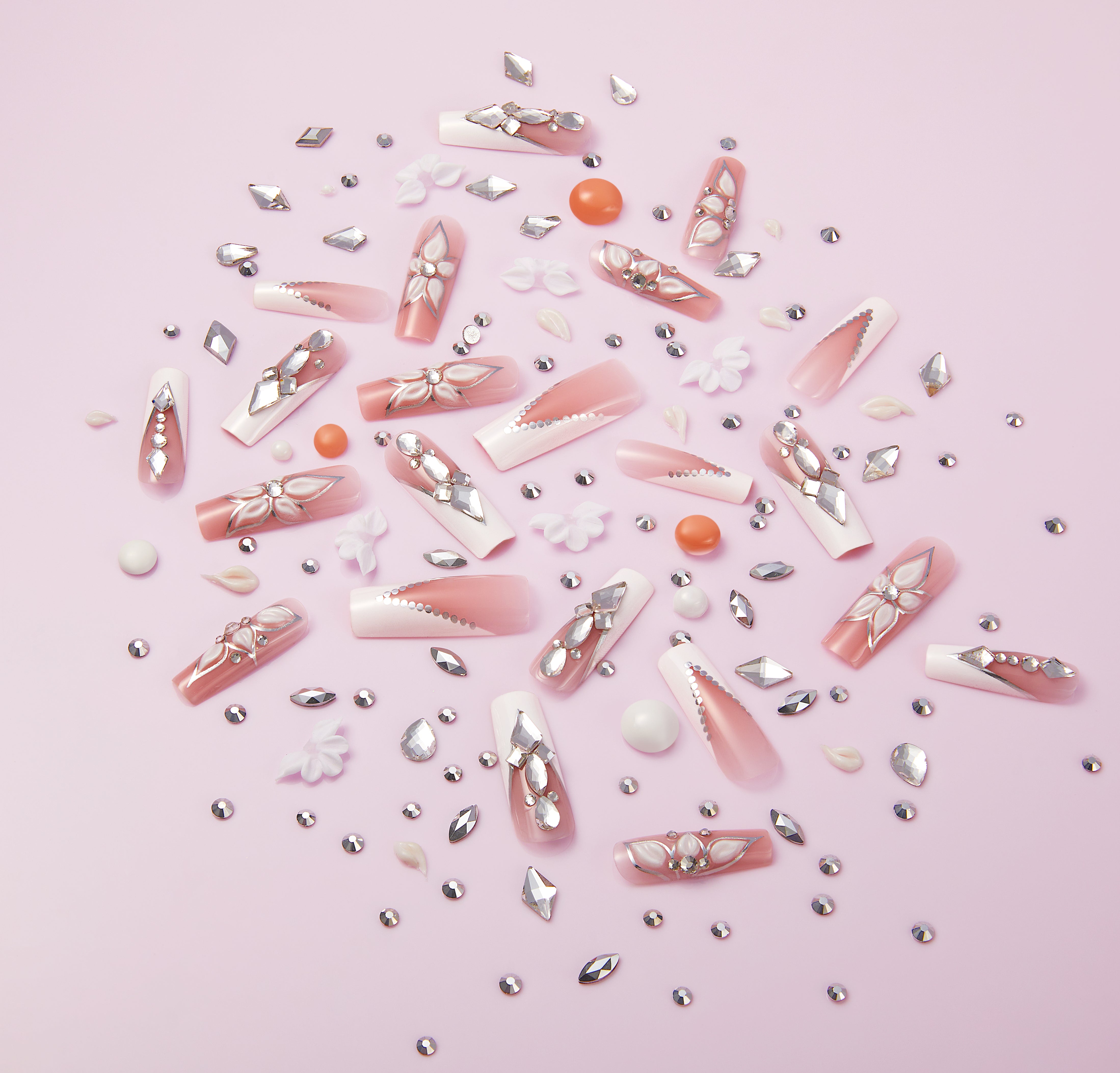 Gold Finger Glitzy 3D Handmade Press-On Nails – White Flower & Gem French (X-Long Square)