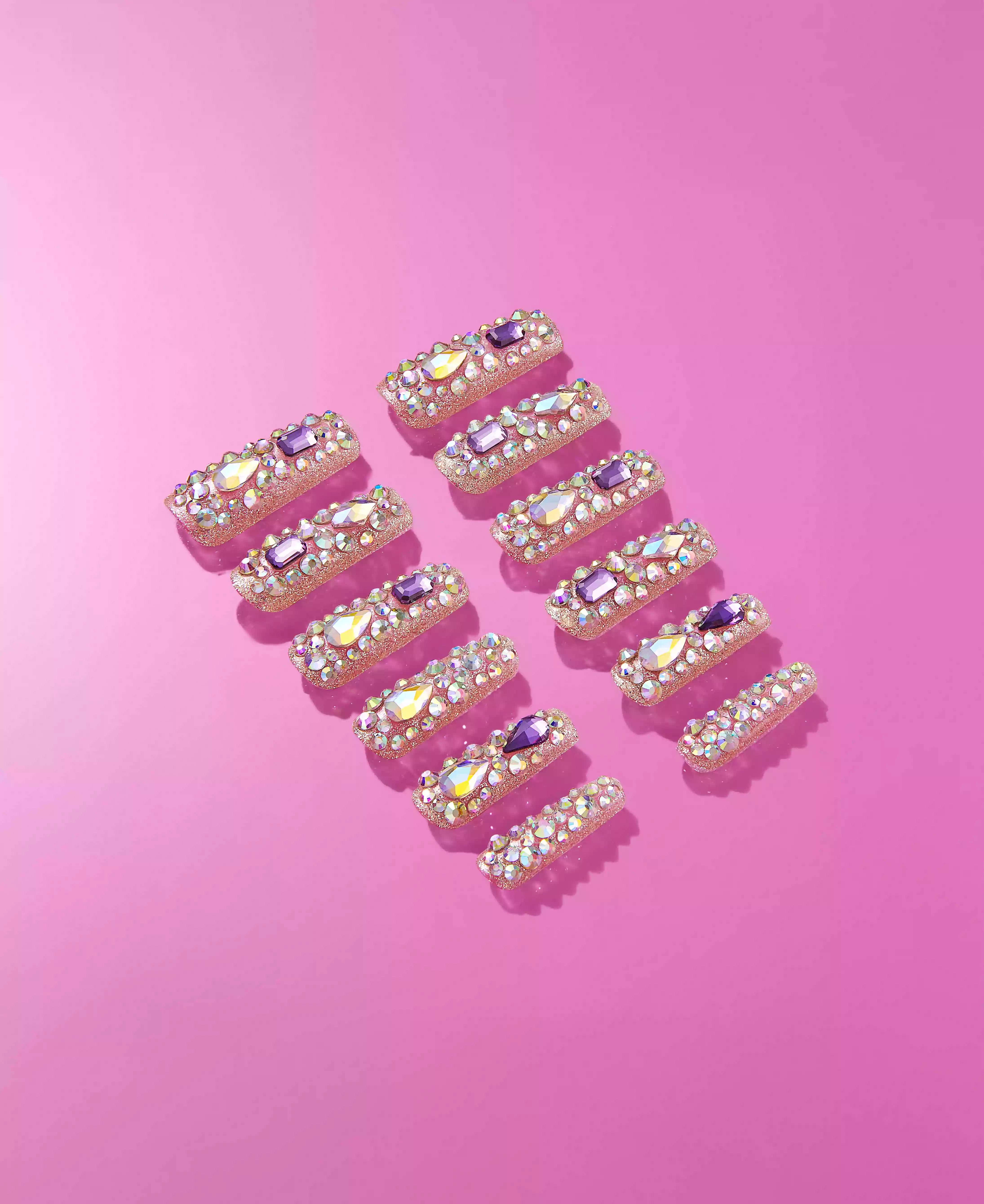 Glitzy 3D Handmade Press-On Nails – Pink & Purple Jewel Encrusted (X-Long Square)