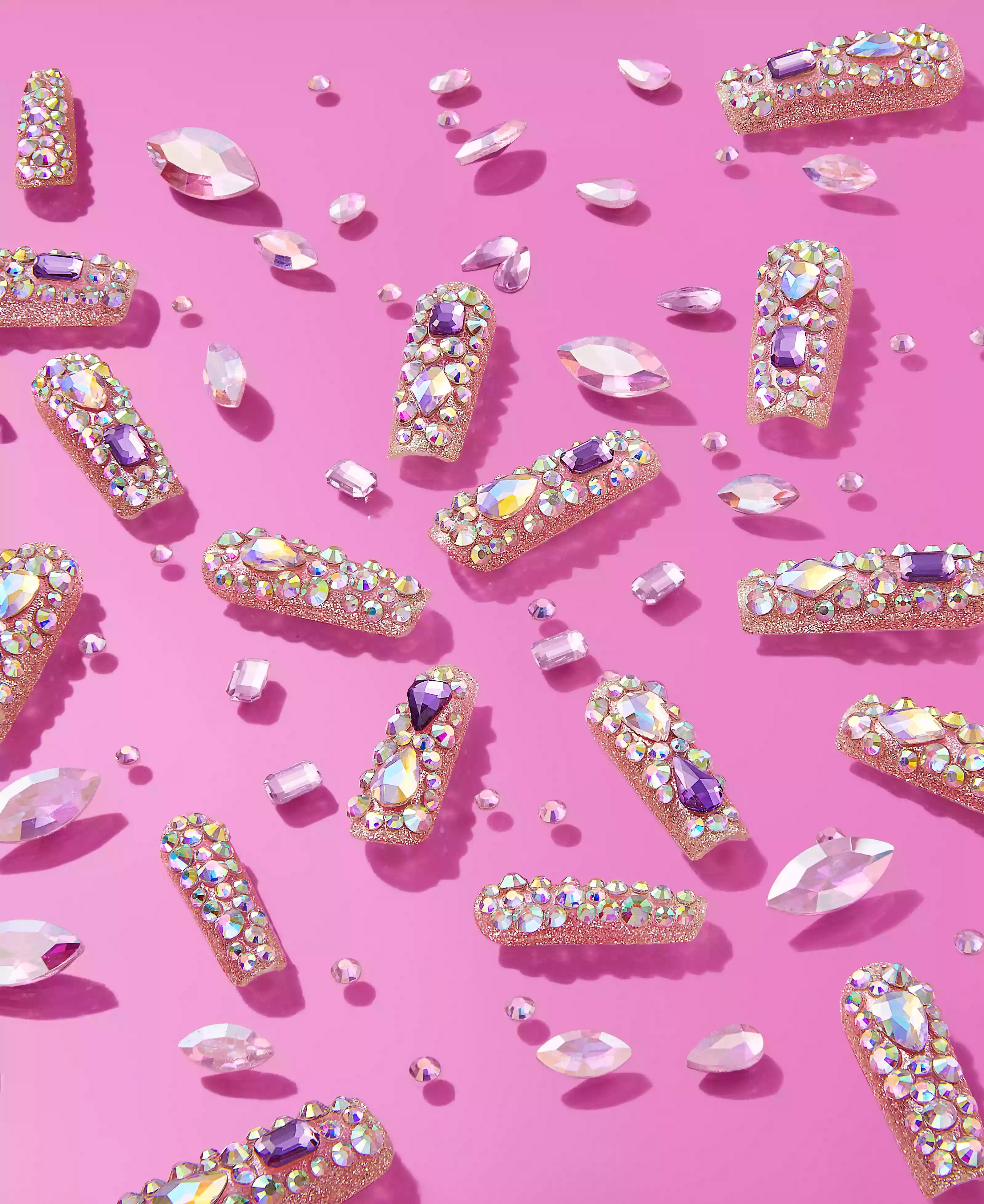 Glitzy 3D Handmade Press-On Nails – Pink & Purple Jewel Encrusted (X-Long Square)