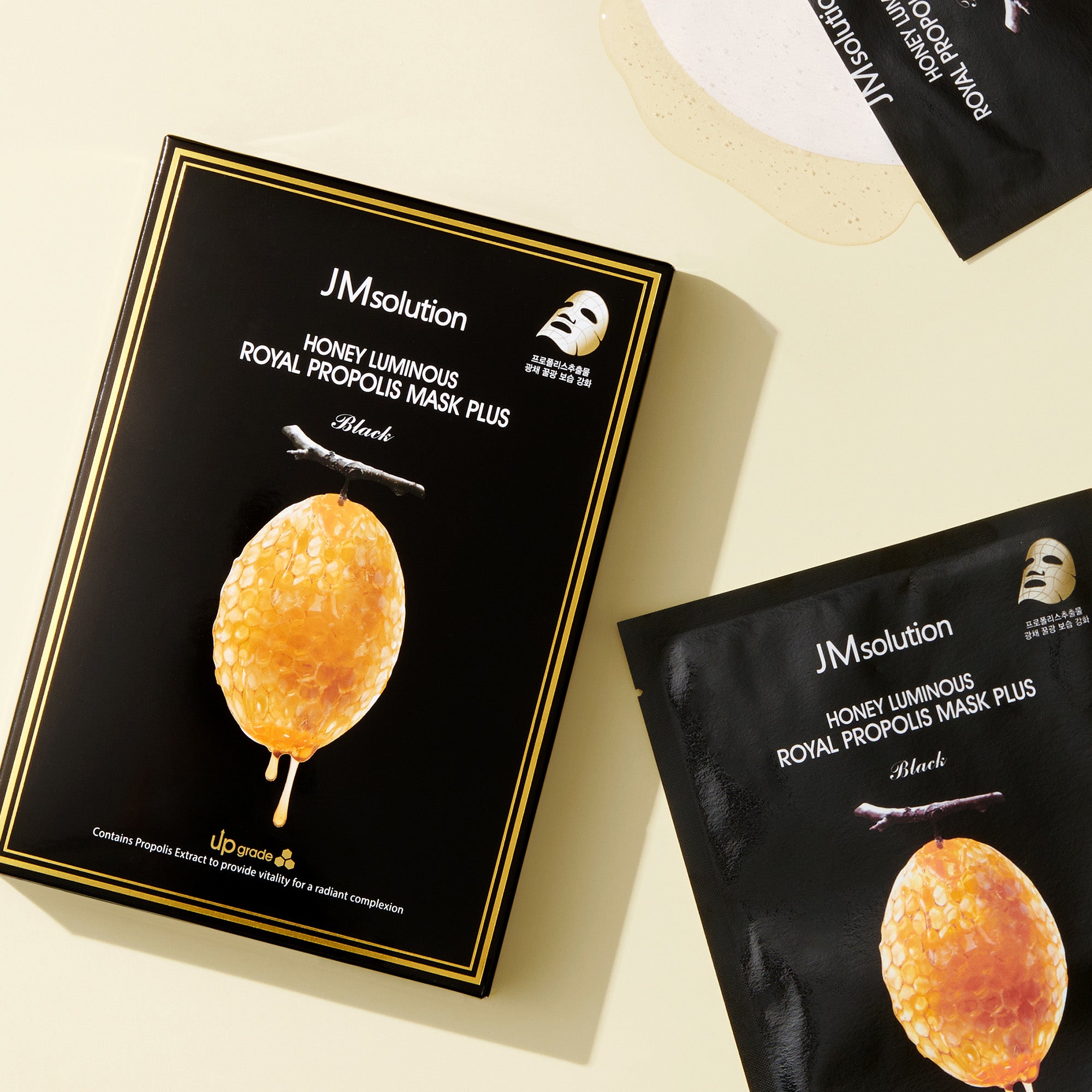 JMsolution Honey Luminous Royal Propolis Mask Plus Black | Propolis & Royal Jelly Extract | Radiant Glow & Deep Moisture | 10 Sheets (1.01 fl.oz x 10)