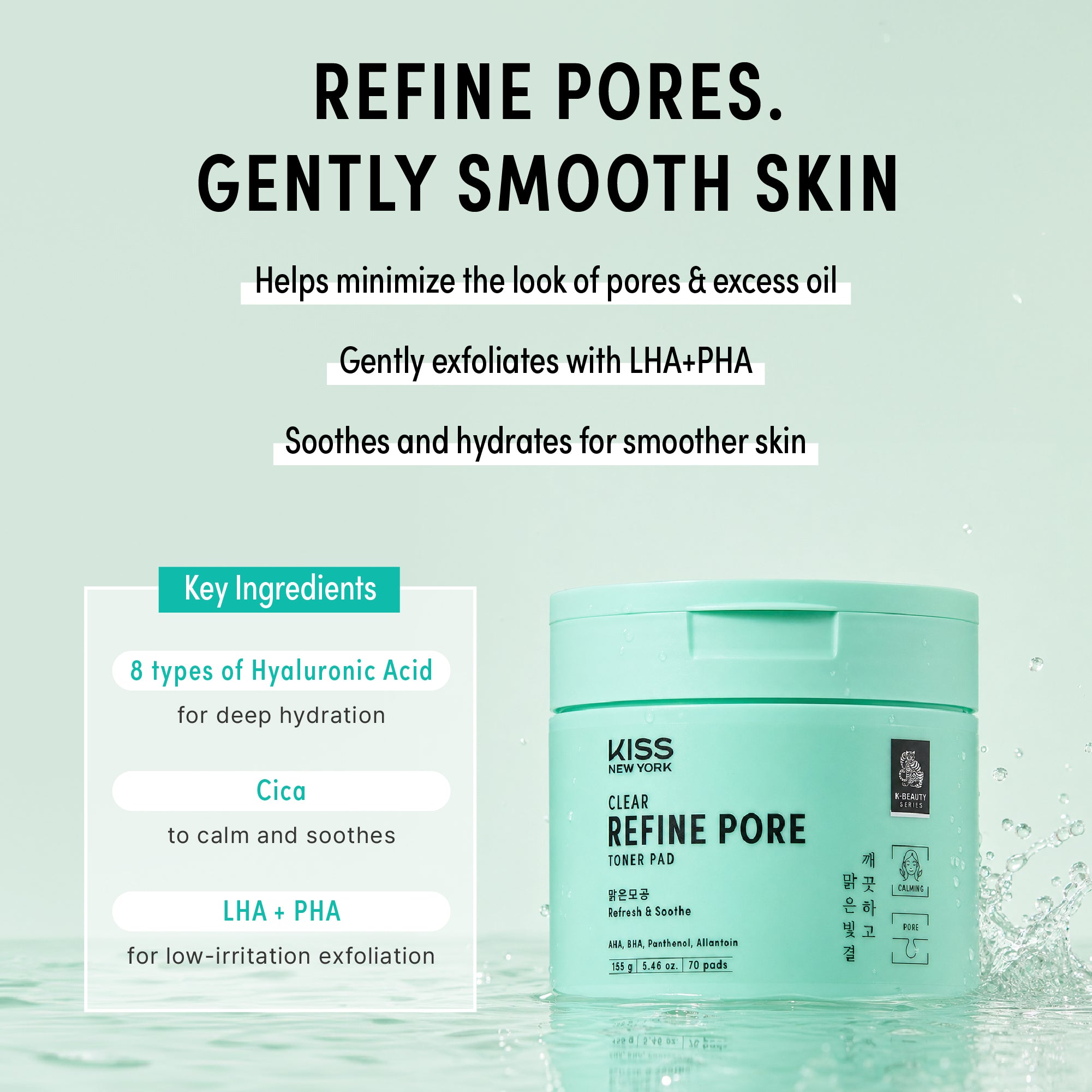 KISS NEW YORK Clear Refine Pore Pad - Gentle Exfoliating & Pore Minimizing Toner Pad with LHA, PHA, and Cica (70 Pads)