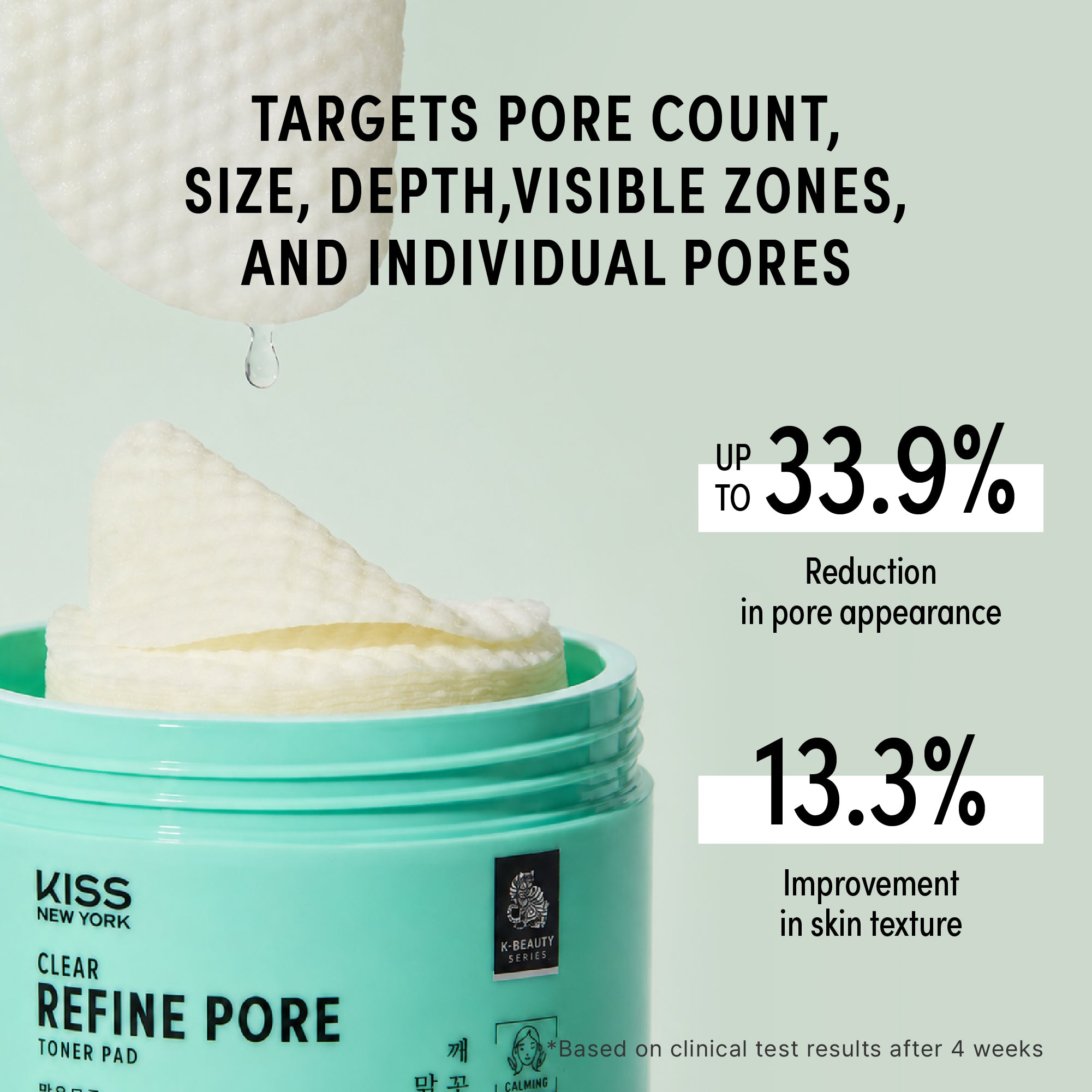 KISS NEW YORK Clear Refine Pore Pad - Gentle Exfoliating & Pore Minimizing Toner Pad with LHA, PHA, and Cica (70 Pads)