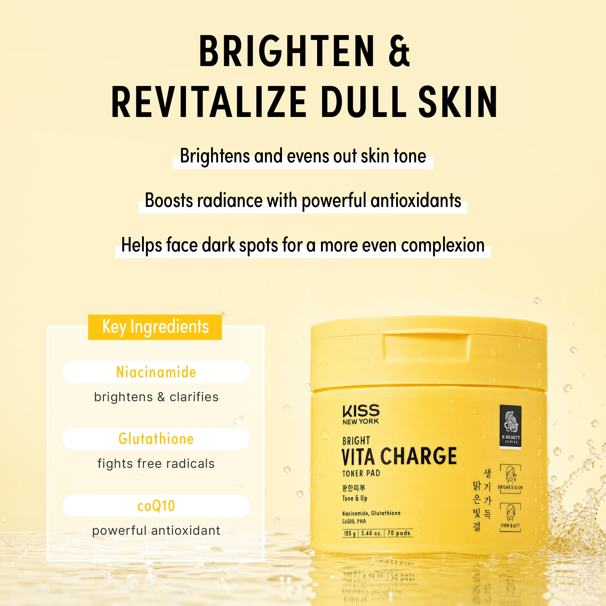 KISS NEW YORK Bright Charge Vita Pad - Radiance Boosting & Antioxidant Toner Pad with Niacinamide, Glutathione, and CoQ10 (70 Pads)