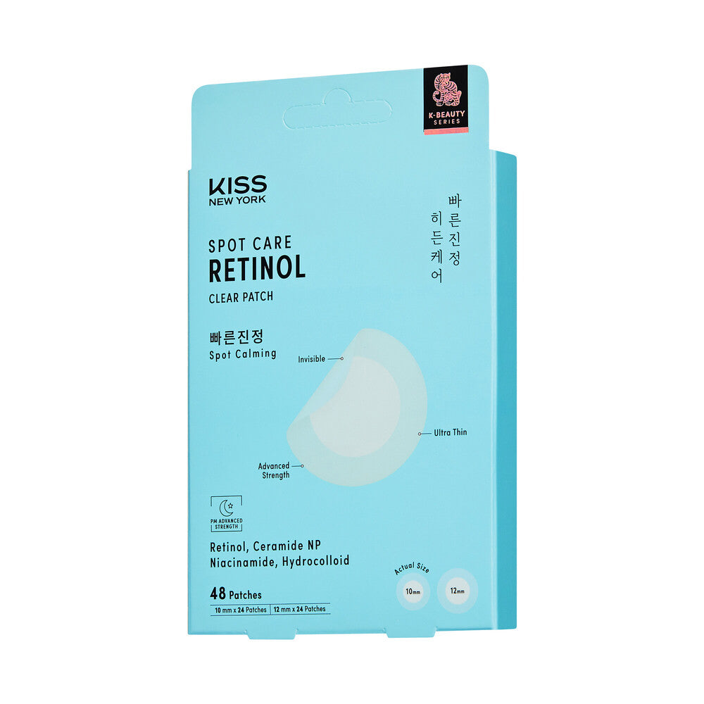 KISS NEW YORK Spot Care Retinol Clear Patch - Overnight Blemish & Dark Spot Hydrocolloid Patches with Niacinamide (48 Count), side of package.
