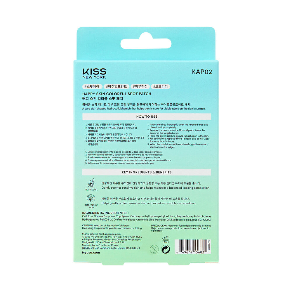 KISS NEW YORK Happy Skin Colorful Spot Patch - Blue Star Hydrocolloid Pimple Patches with Tea Tree Oil & Madecassic Acid (48 Count), package back.