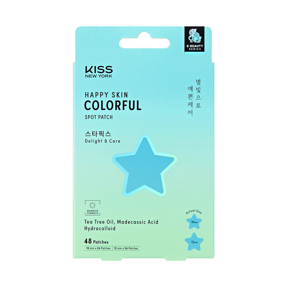 KISS NEW YORK Happy Skin Colorful Spot Patch - Blue Star Hydrocolloid Pimple Patches with Tea Tree Oil & Madecassic Acid (48 Count), package front.