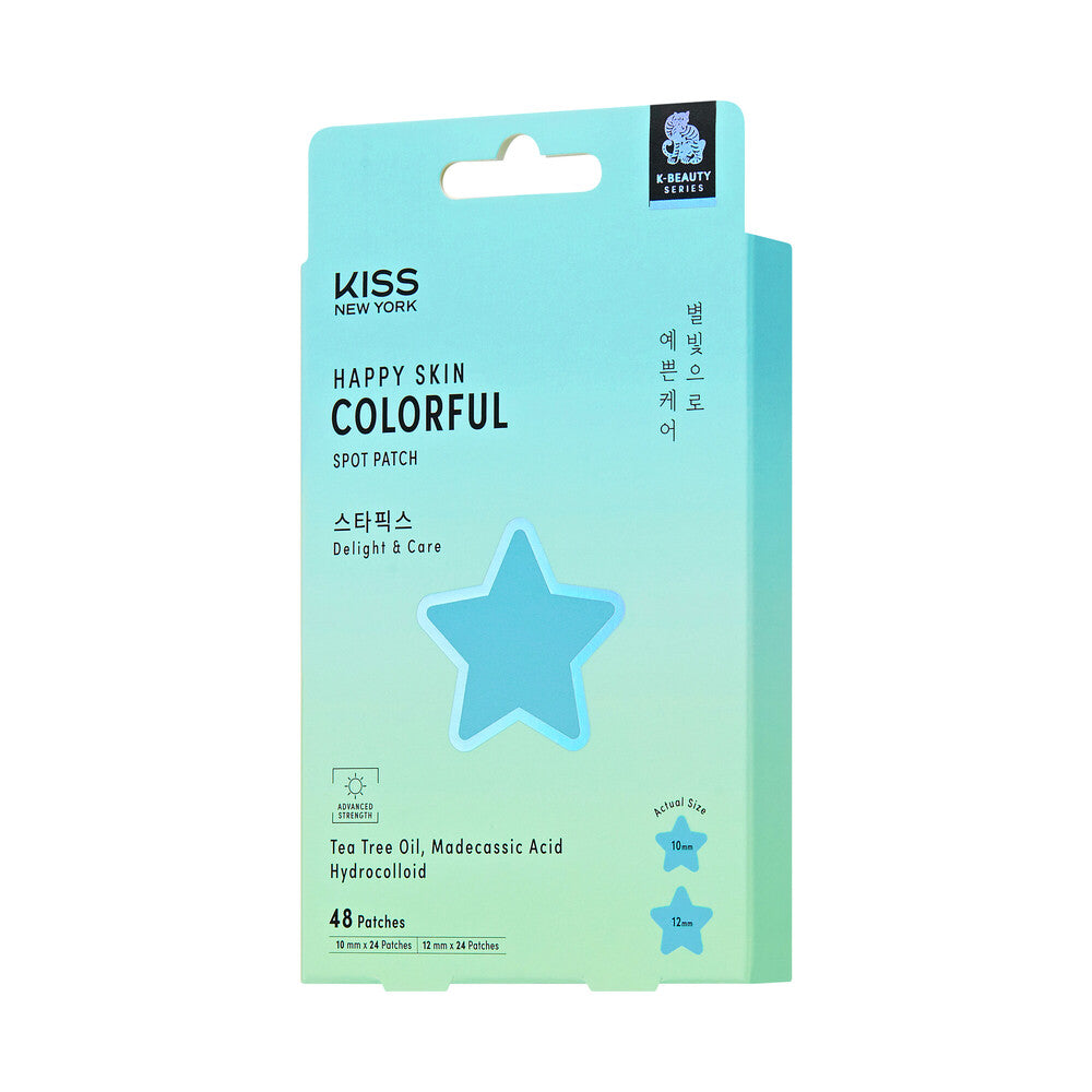 KISS NEW YORK Happy Skin Colorful Spot Patch - Blue Star Hydrocolloid Pimple Patches with Tea Tree Oil & Madecassic Acid (48 Count), side of package.