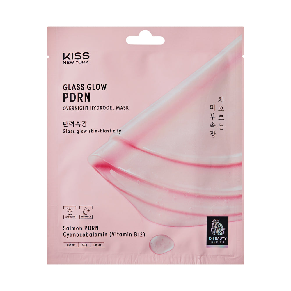 KISS NEW YORK Glass Glow PDRN Overnight Hydrogel Mask (4 Sheets) - Skin Barrier & Elasticity, package front.