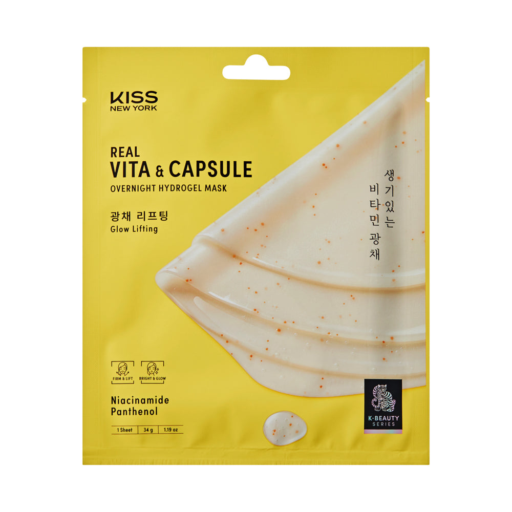 KISS NEW YORK Real Vita Capsule Overnight Hydrogel Mask (4 Sheets) - Glow & Firming, package front.