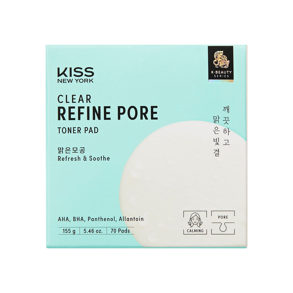 KISS NEW YORK Clear Refine Pore Pad - Gentle Exfoliating & Pore Minimizing Toner Pad with LHA, PHA, and Cica (70 Pads), package front.