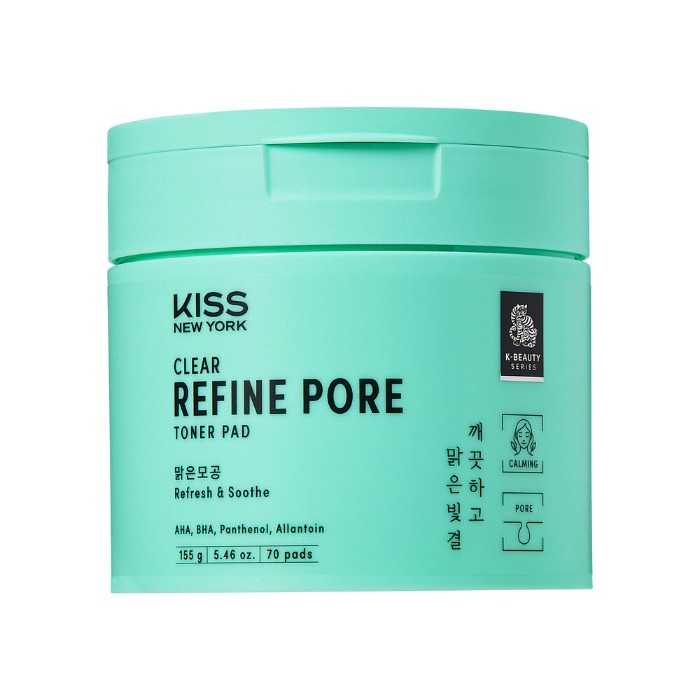KISS NEW YORK Clear Refine Pore Pad - Gentle Exfoliating & Pore Minimizing Toner Pad with LHA, PHA, and Cica (70 Pads), package front.
