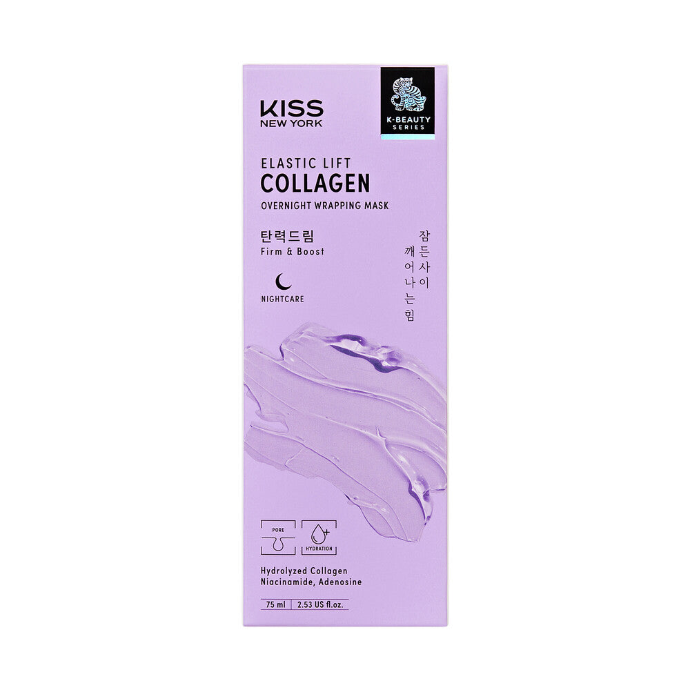 KISS NEW YORK Elastic Lift Collagen Overnight Wrapping Mask - Pore Firming & Plumping Peel-Off Sleep Mask with Niacinamide (Includes Brush), package front.