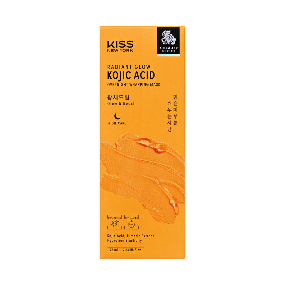 KISS NEW YORK Radiant Glow Kojic Acid Overnight Wrapping Mask - Brightening & Revitalizing Peel-Off Sleep Mask with Turmeric (Includes Brush), package front.