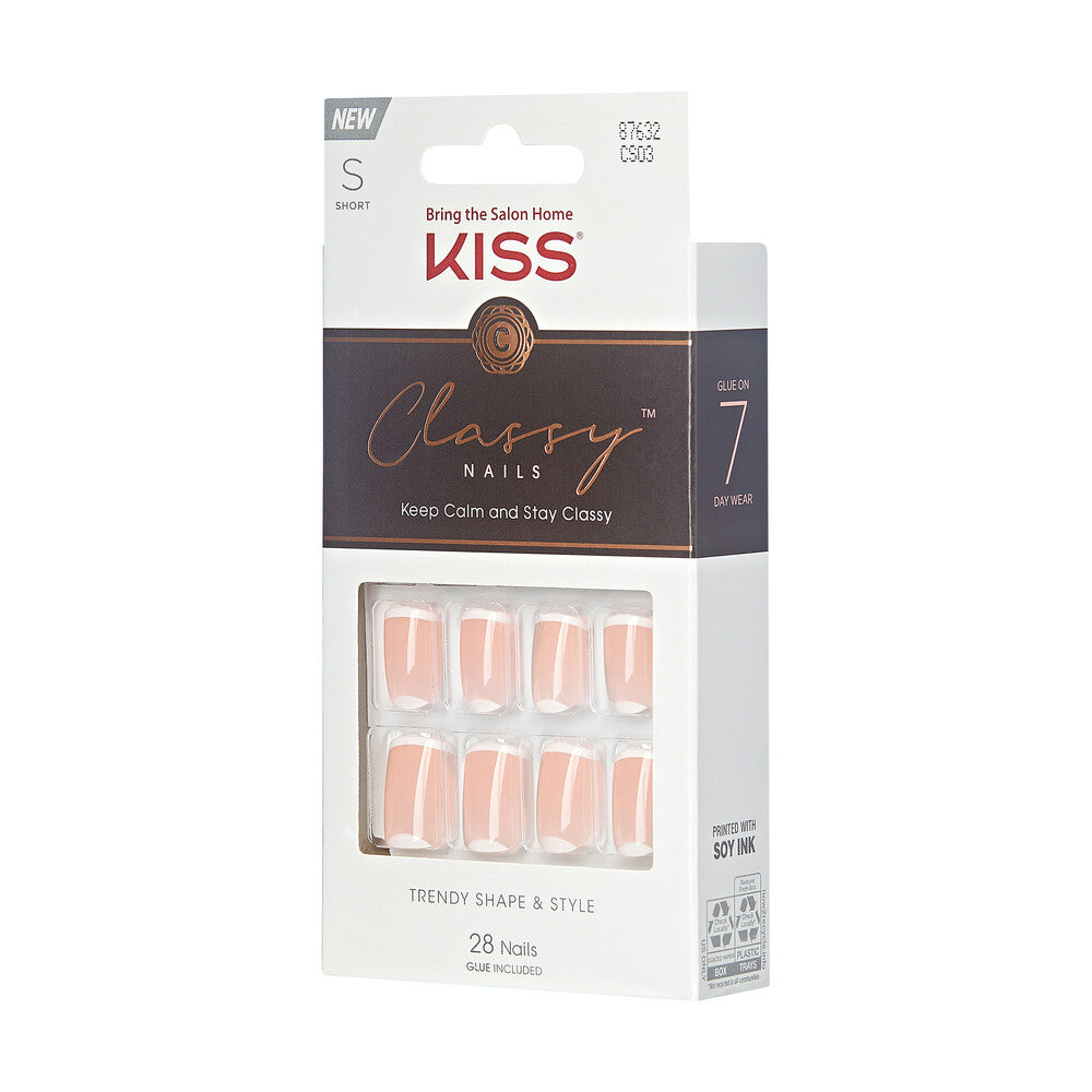 CS03_extra_006 "KISS Classy Press-On Nails – French Tip & Floral Designs, Short Square, side of package."