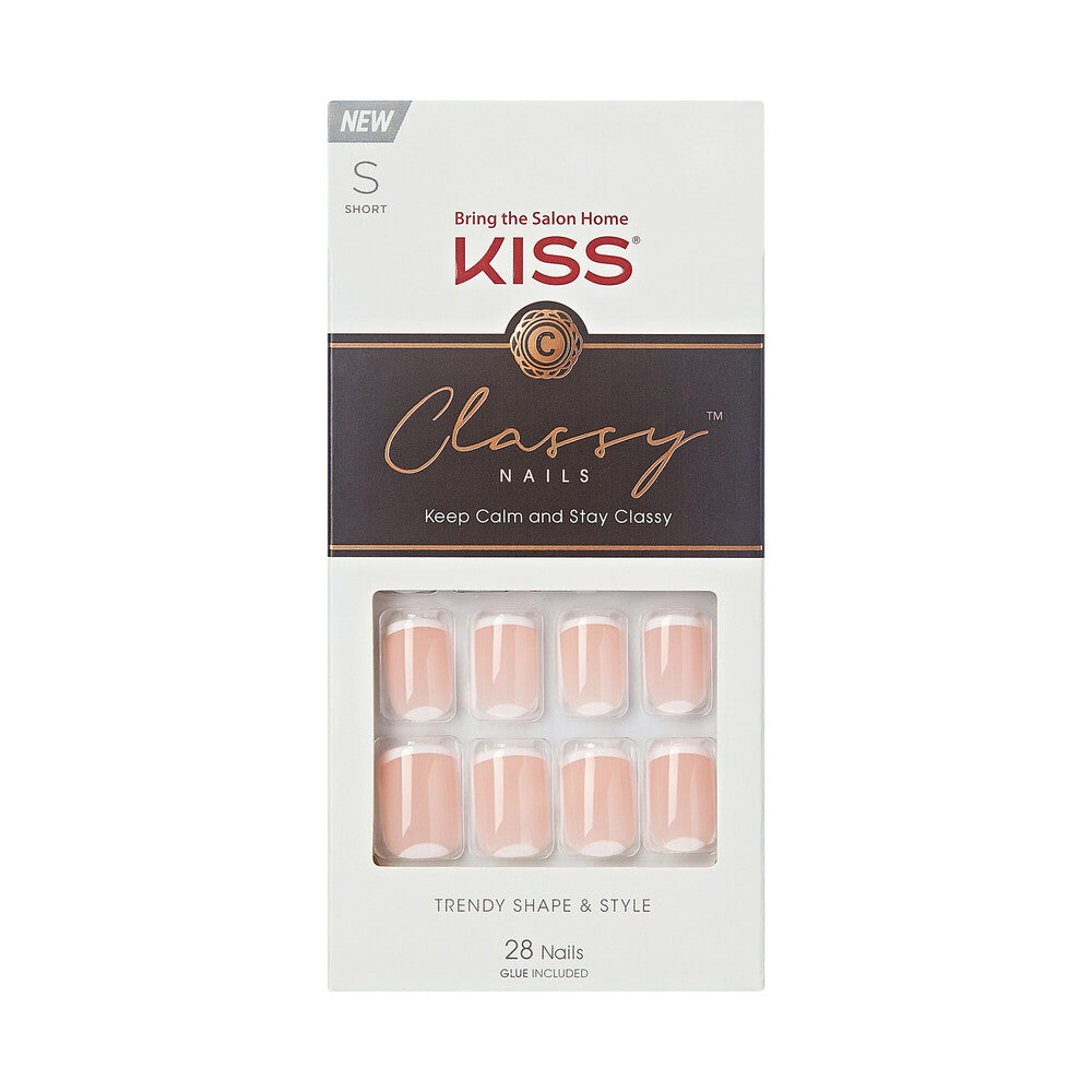 CS03_MAIN "KISS Classy Press-On Nails – French Tip & Floral Designs, Short Square in Simple Enough, package front."