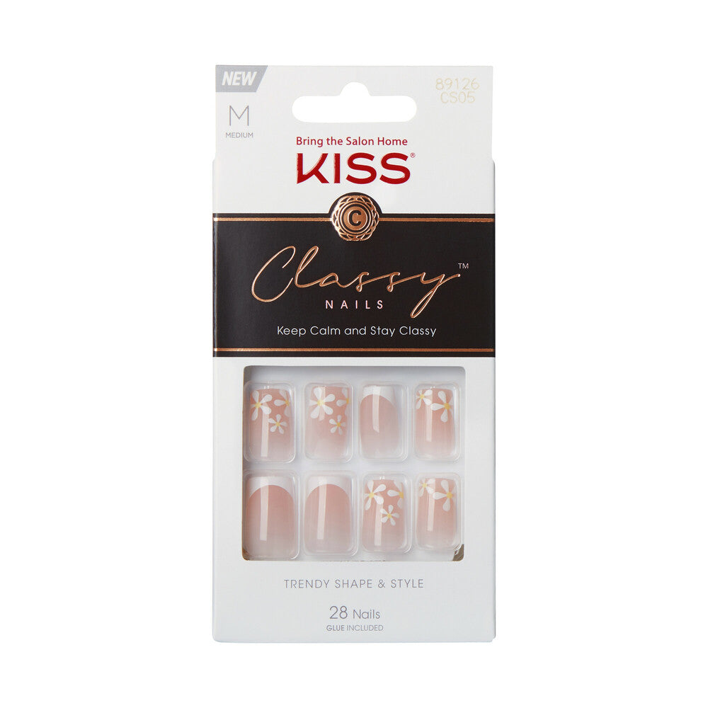 CS05_MAIN "KISS Classy Press-On Nails – French Tip & Floral Designs, Short Square in Stay Charmed, package front."
