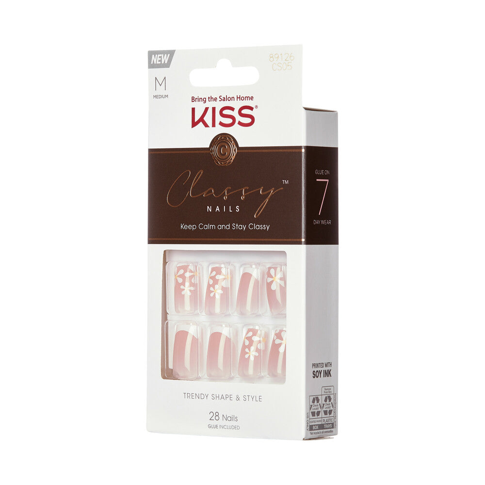 CS05_extra_007 "KISS Classy Press-On Nails – French Tip & Floral Designs, Short Square, side of package."