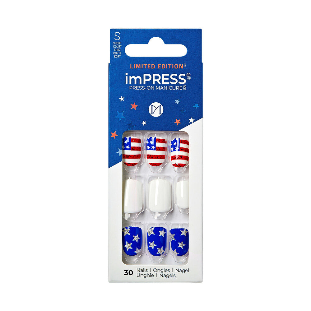 IM106X_extra_002 "KISS imPRESS Press-On Nails – Patriotic Stars & Stripes, Short Oval, package front."