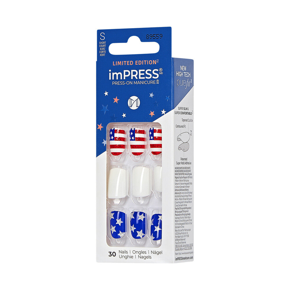 IM106X_extra_008 "KISS imPRESS Press-On Nails – Patriotic Stars & Stripes, Short Oval, side of package."