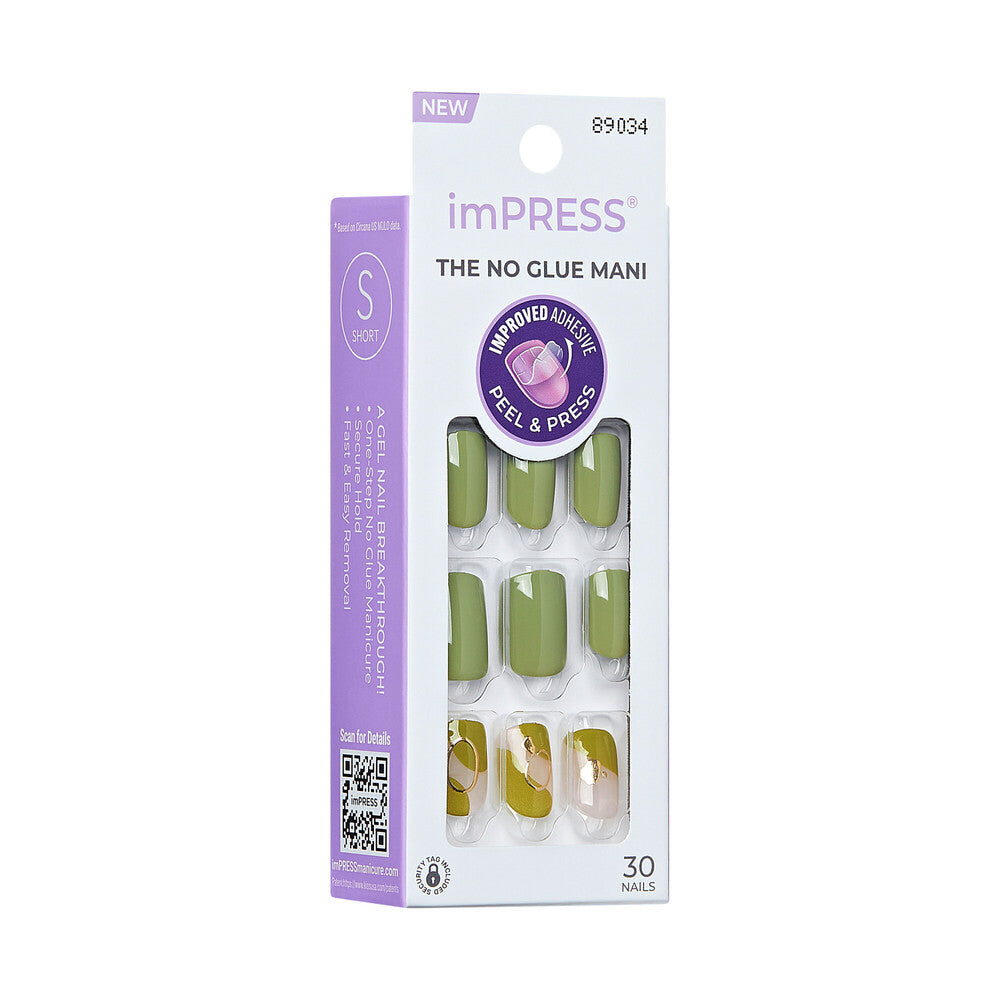 Side view of KISS imPRESS Before Sunrise no-glue press-on nails packaging. "KISS imPRESS No Glue Press-On Nails – Short Squoval Designs product view."