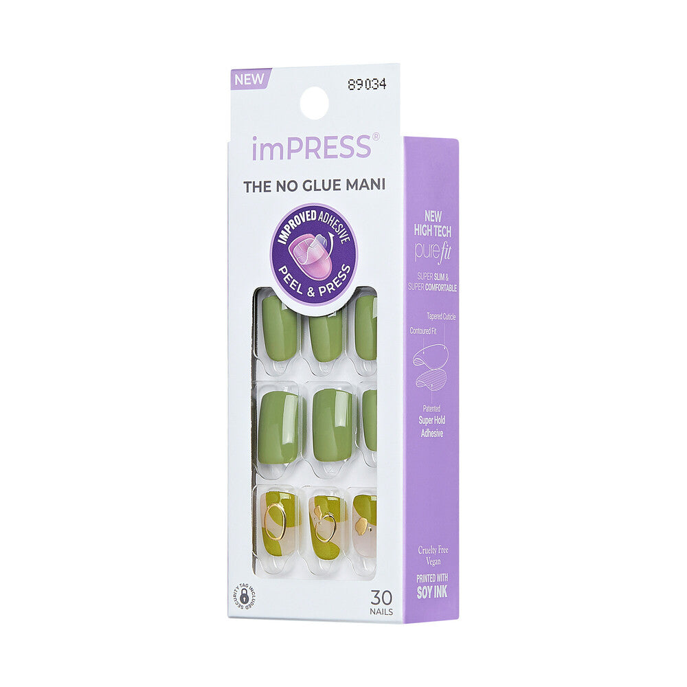 Right side of KISS imPRESS Before Sunrise press-on nails packaging. "KISS imPRESS No Glue Press-On Nails – Short Squoval Designs, side of package."