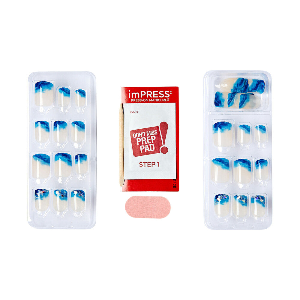Components included with KISS imPRESS All Summer Long press-on nails. "KISS imPRESS No Glue Press-On Nails – Short Squoval Designs product view."