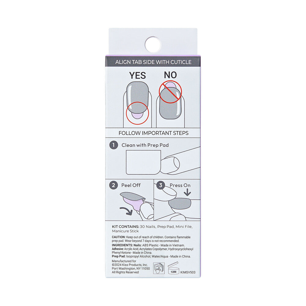 Back of KISS imPRESS All Summer Long no-glue press-on nails packaging. "KISS imPRESS No Glue Press-On Nails – Short Squoval Designs, package back."