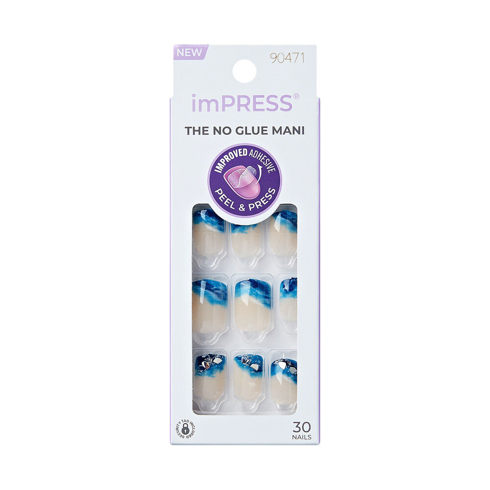KISS imPRESS All Summer Long short squoval no-glue press-on nails in package. "KISS imPRESS No Glue Press-On Nails – Short Squoval Designs, package front."