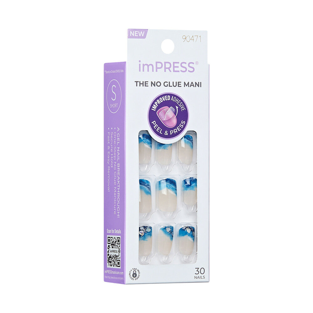 Side view of KISS imPRESS All Summer Long no-glue press-on nails packaging. "KISS imPRESS No Glue Press-On Nails – Short Squoval Designs product view."
