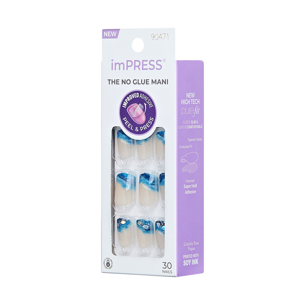 Right side of KISS imPRESS All Summer Long press-on nails packaging. "KISS imPRESS No Glue Press-On Nails – Short Squoval Designs, side of package."