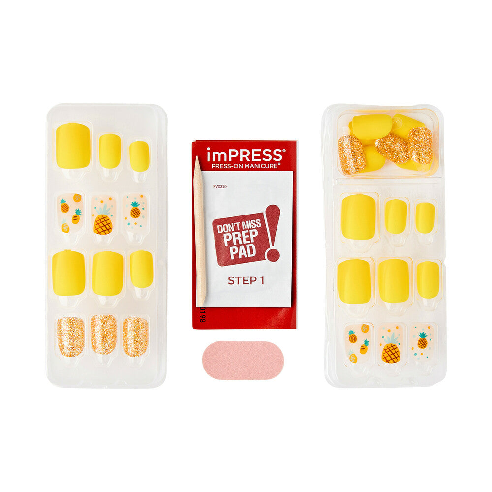 Components included with KISS imPRESS Sun Daze press-on nails. "KISS imPRESS No Glue Press-On Nails – Short Squoval Designs product view."