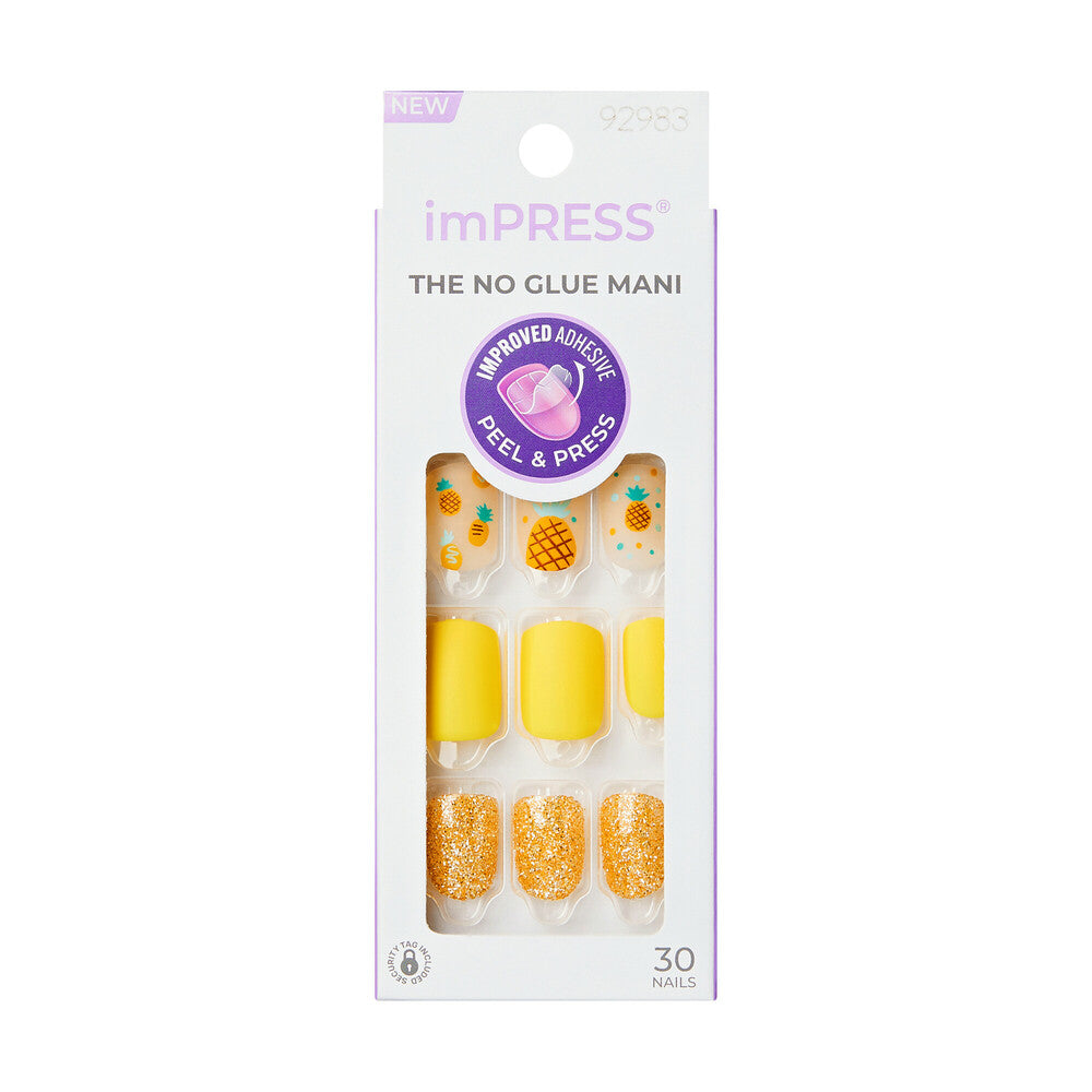 KISS imPRESS Sun Daze short squoval no-glue press-on nails in package. "KISS imPRESS No Glue Press-On Nails – Short Squoval Designs, package front."