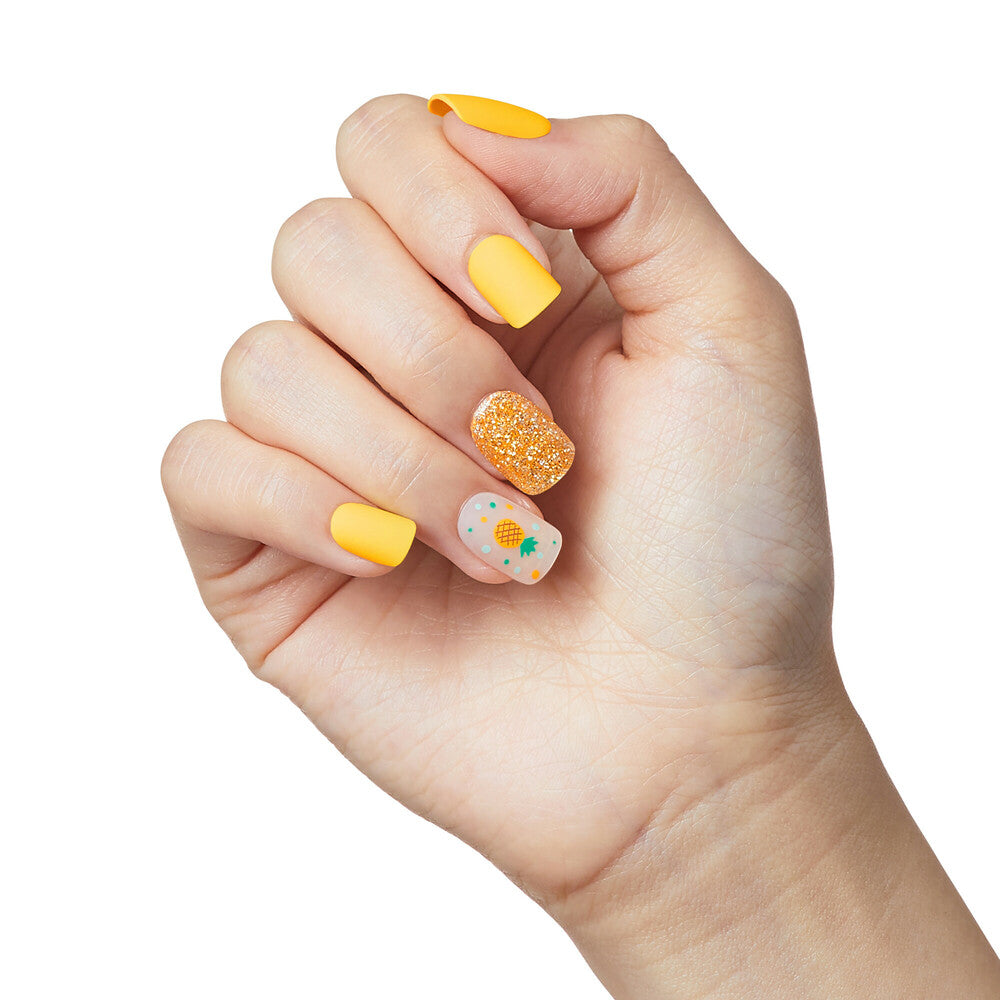 KISS imPRESS Sun Daze press-on nails shown on hand. "KISS imPRESS No Glue Press-On Nails – Short Squoval Designs, shown on bare hand."