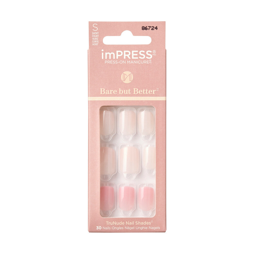 IMB02C_MAIN "KISS imPRESS No Glue Press-On Nails – Natural Nude Shades, Short Squoval in Effortless Finish, package front."
