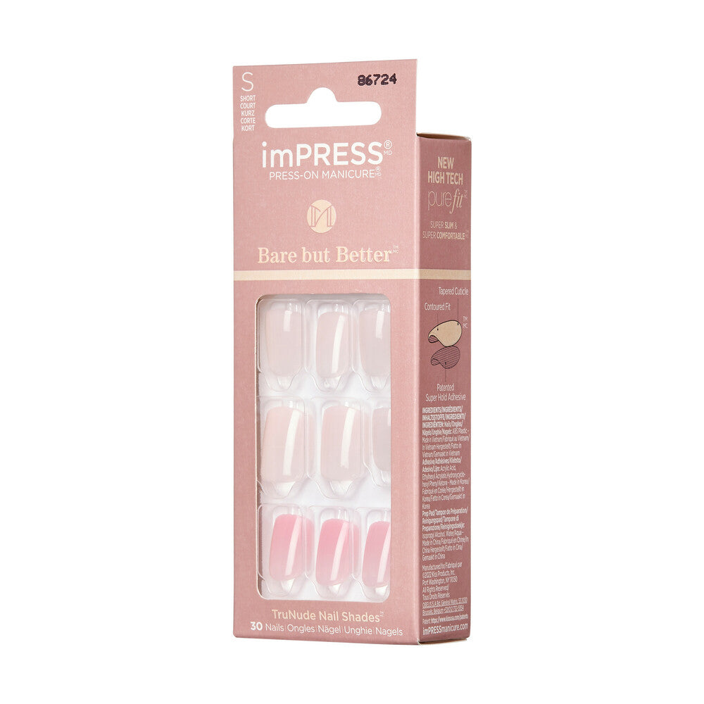 IMB02C_extra_006 "KISS imPRESS No Glue Press-On Nails – Natural Nude Shades, Short Squoval, side of package."