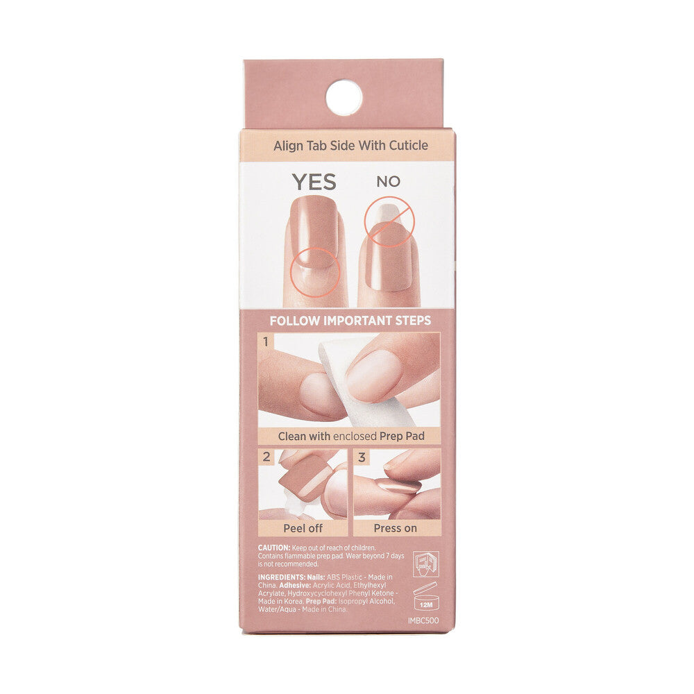 IMB05_extra_007 "KISS imPRESS No Glue Press-On Nails – Natural Nude Shades, Short Squoval, package back."