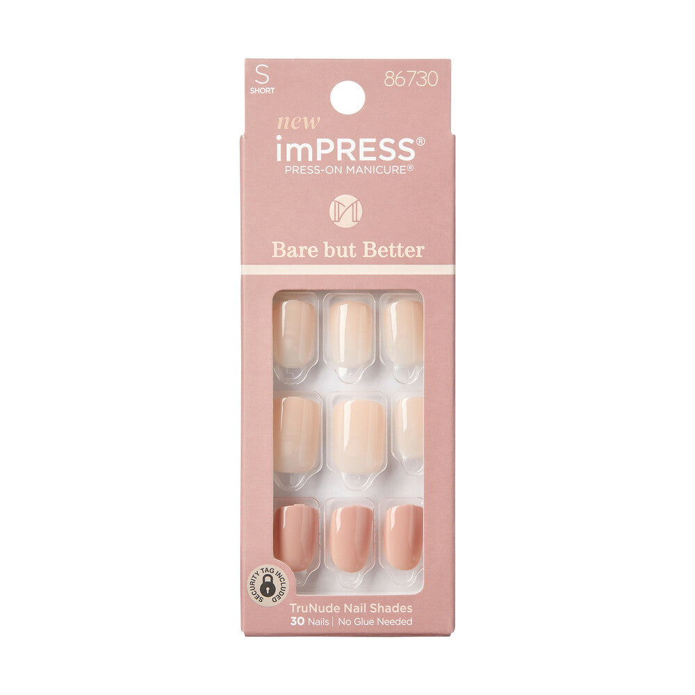 IMB05_MAIN "KISS imPRESS No Glue Press-On Nails – Natural Nude Shades, Short Squoval in Simple Pleasure, package front."
