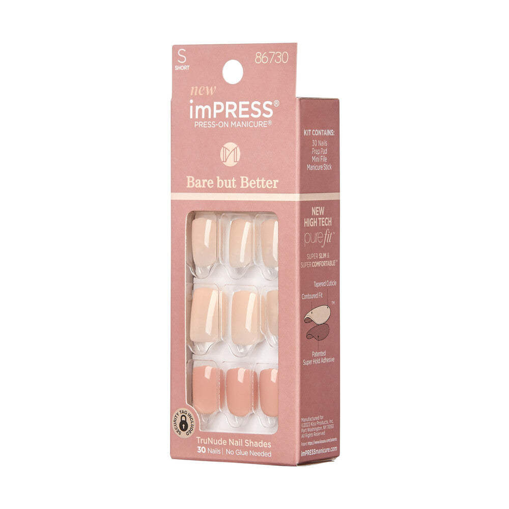 IMB05_extra_006 "KISS imPRESS No Glue Press-On Nails – Natural Nude Shades, Short Squoval, side of package."