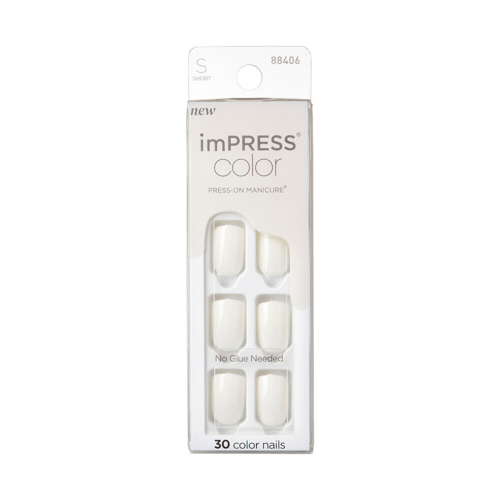 IMC29Y2_MAIN "KISS imPRESS Color Press-On Nails – Solid Color Shades, Short Squoval in Milkis, package front."