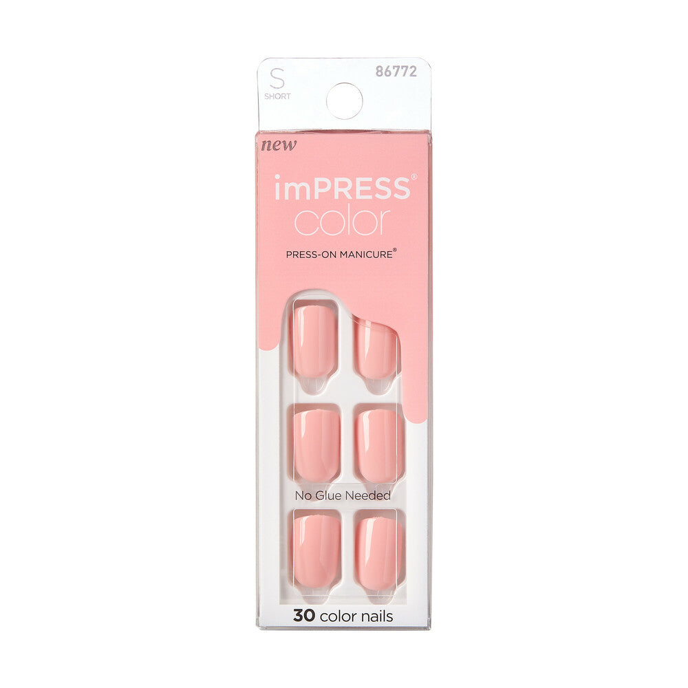IMC32_MAIN "KISS imPRESS Color Press-On Nails – Solid Color Shades, Short Squoval in Dolce Pink, package front."