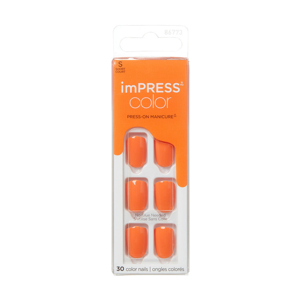 IMC33C_MAIN "KISS imPRESS Color Press-On Nails – Solid Color Shades, Short Squoval in Sweet Mango, package front."