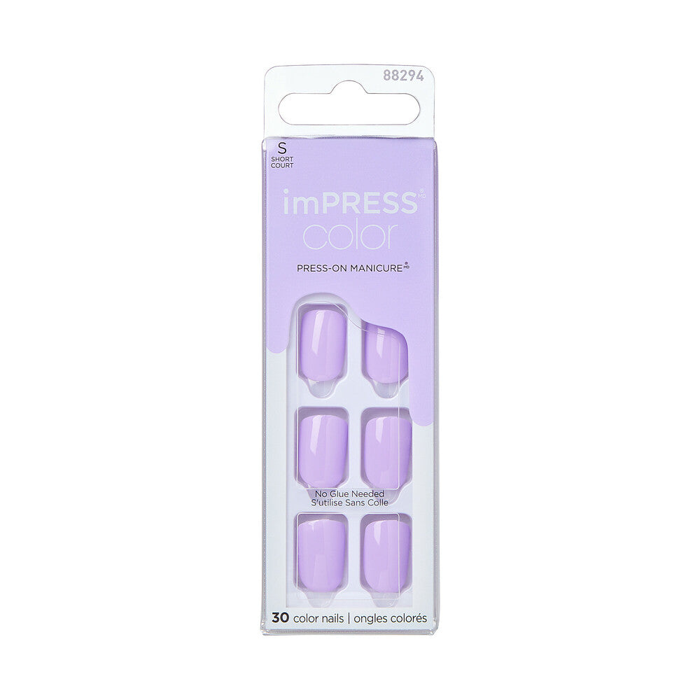 IMC37C_MAIN "KISS imPRESS Color Press-On Nails – Solid Color Shades, Short Squoval in Vivid Lavender, package front."