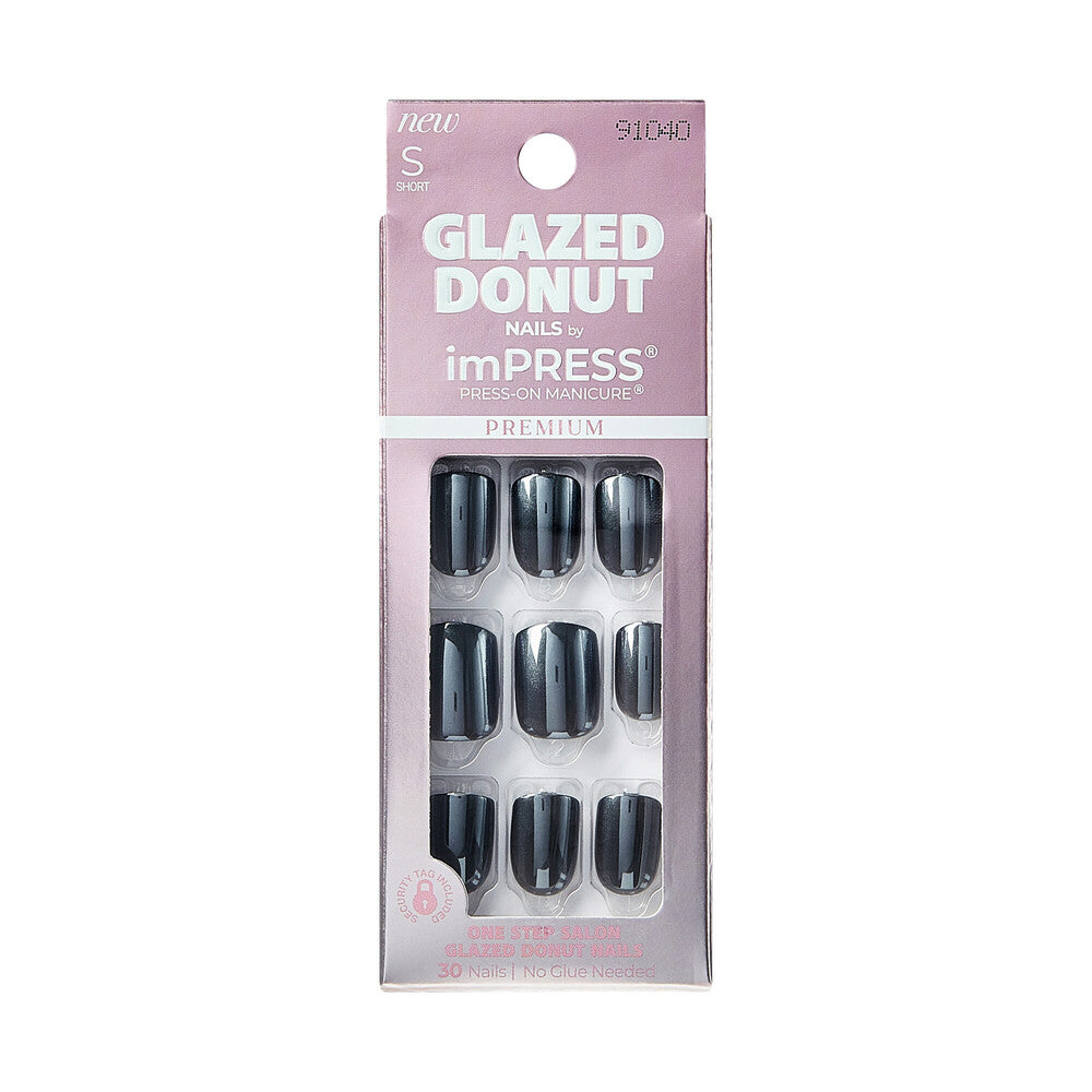 IME03XY2_MAIN "KISS imPRESS Premium Glazed Donut Press-On Nails – Glossy Finish, Short in Onyx Glazed, package front."