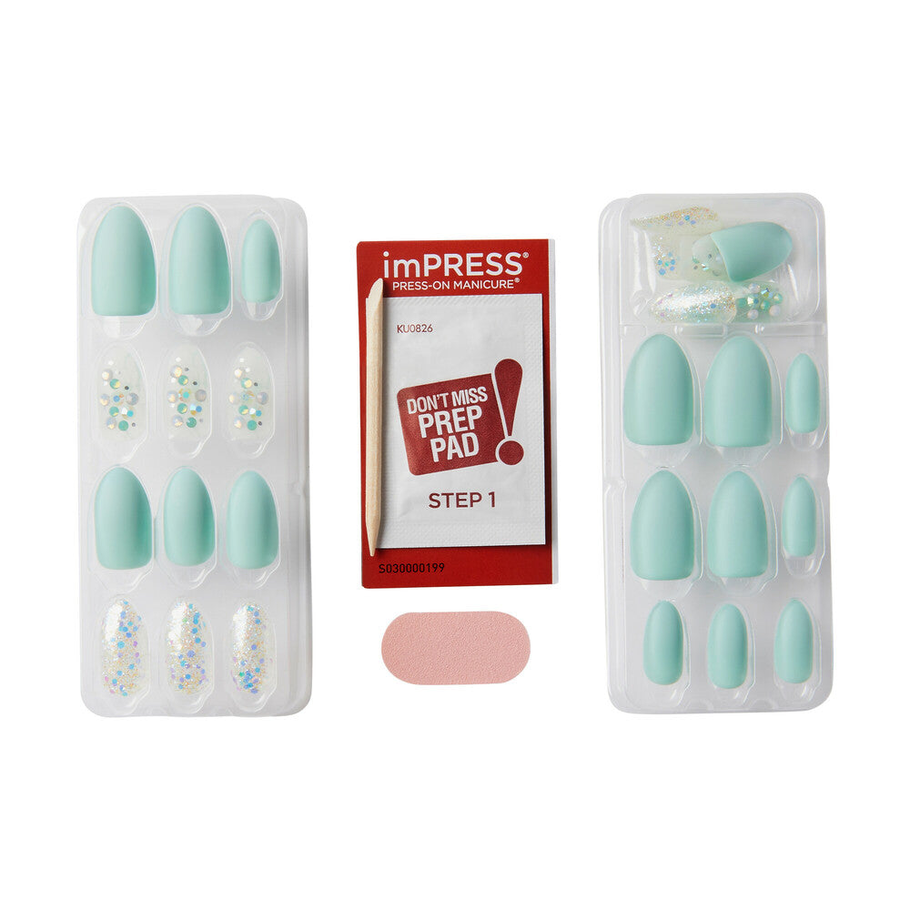 KISS imPRESS Press-On Nails – Evergreen, Mint with Crystal Accents product view.